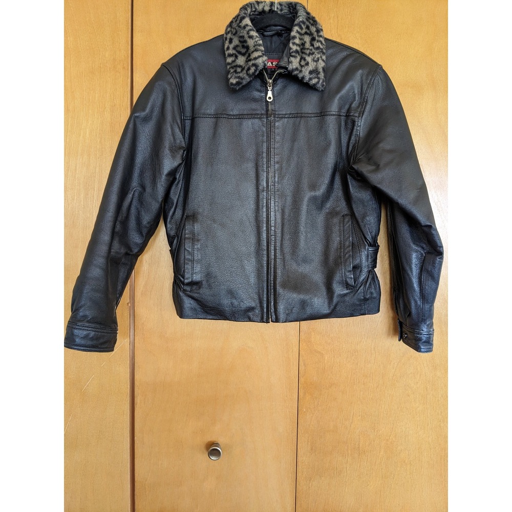 Vintage Phase 2 Black Leather Jacket Detachable Cheetah Collar Mens L Womens XL